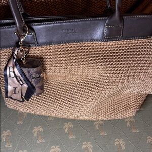 The Sack Tan Woven Tote with Dark Brown Leather Trim